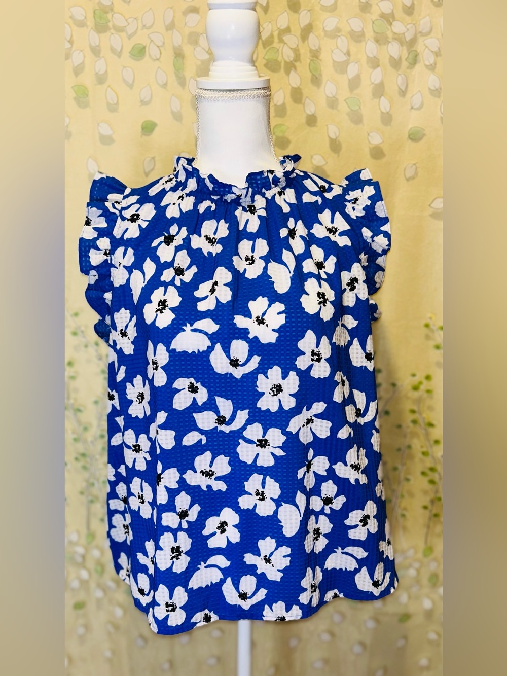 Who What Wear XXL Royal Blue White Floral Ruffle Sleeve Mock Neck Blouse whimsy